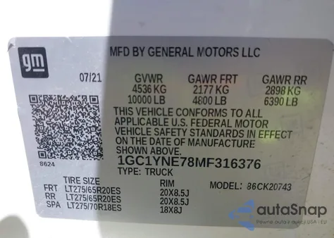 2021 Chevrolet Silverado 2500Hd 4Wd Standard Bed Lt z USA, uszkodzony, nr VIN 1GC1YNE78MF316376